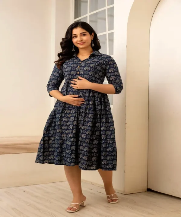 Cotton Blue elephant PrintedShirt Collar Maternity &Nursing kurti