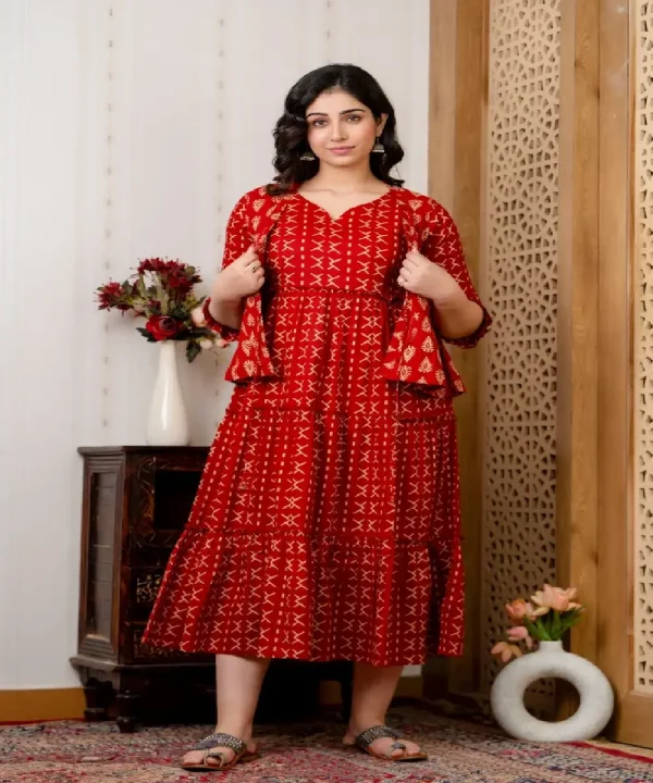 Cotton butti & lining Printed maternity dress with Cut Sleeves Jacket