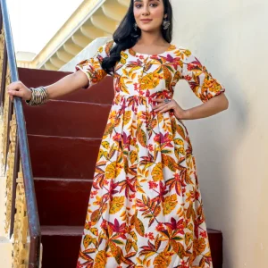 Step into effortless elegance with our Phool Baag Cotton Printed Dress – a floral daydream crafted in soft cream and multicolour hues. Designed with a breezy flared silhouette, this dress combines comfort and charm in perfect balance. The playful floral print adds a touch of freshness, making it a wardrobe essential for your casual outings, brunch dates, or relaxed day events.