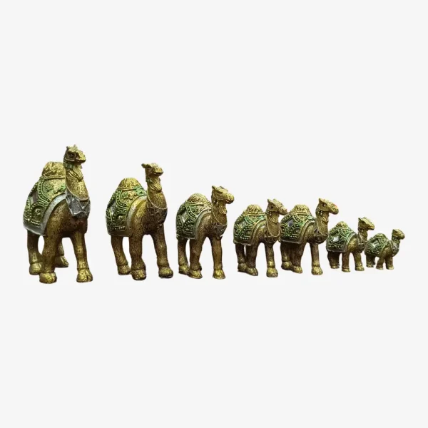 Bring home a symbol of endurance, strength, and desert royalty with this exquisite 7-piece Golden Camel Set. Expertly crafted from high-quality resin or fiber material, each camel features a premium golden color polish that adds a luxurious and artistic touch to your home or office décor.