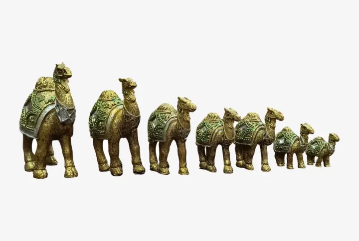 Bring home a symbol of endurance, strength, and desert royalty with this exquisite 7-piece Golden Camel Set. Expertly crafted from high-quality resin or fiber material, each camel features a premium golden color polish that adds a luxurious and artistic touch to your home or office décor.
