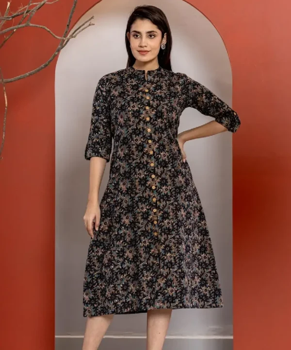 COTTON A-LINE KURTI WITH FLORAL KANTHA EMBROIDERY (BLACK)