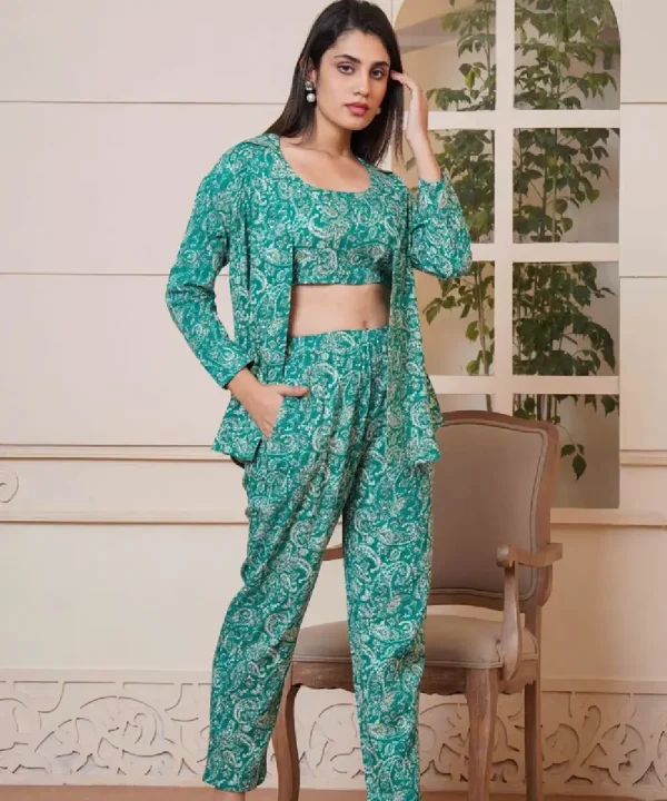 KALAMKARI PRINTED RAYON 3 pcs CO-ORD SET (Green)