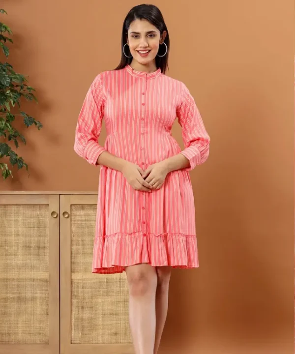 Peachy Pink Rayon printed Flared Dress (Peach)