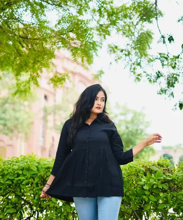 Rayon Solid Shirt Flared Top (Black)