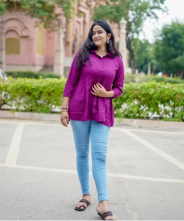 Rayon Solid Shirt Flared Top (wine)
