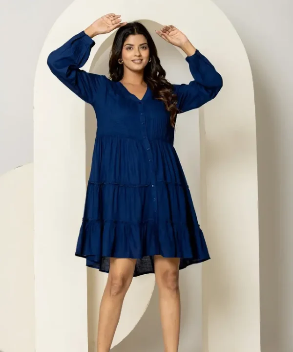 Solid Rayon Flared Dress (Blue)