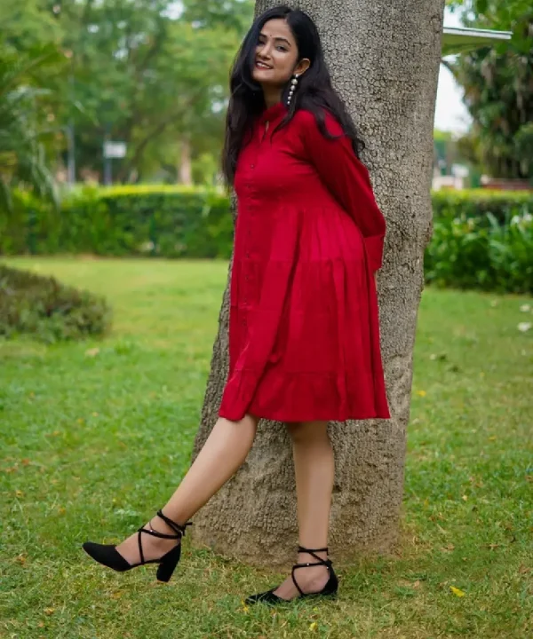 Solid Rayon Flared Dress (Maroon)