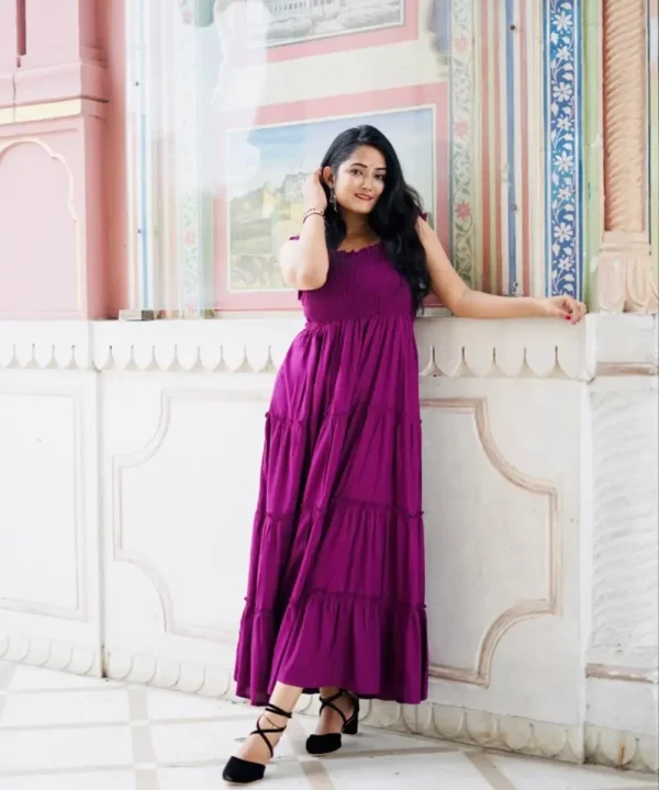 Wine Rayon Solid Bobin Elastic 4 tier dress