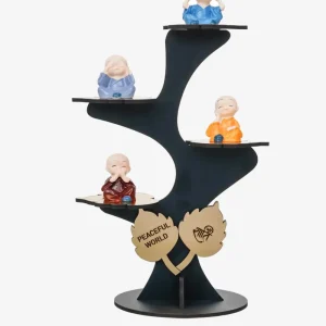Decorative Set: This product is a set of 4 adorable Buddha monk figurines with wooden stands, perfect for peaceful home and office decor. Color-Black