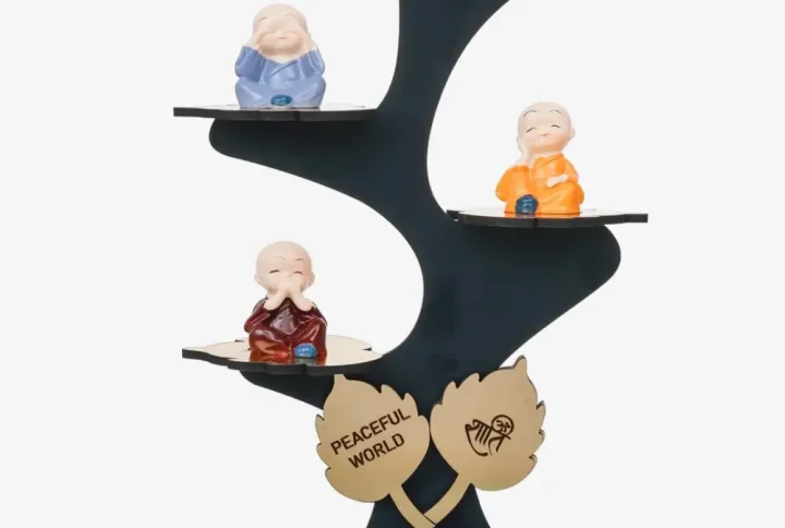Decorative Set: This product is a set of 4 adorable Buddha monk figurines with wooden stands, perfect for peaceful home and office decor. Color-Black