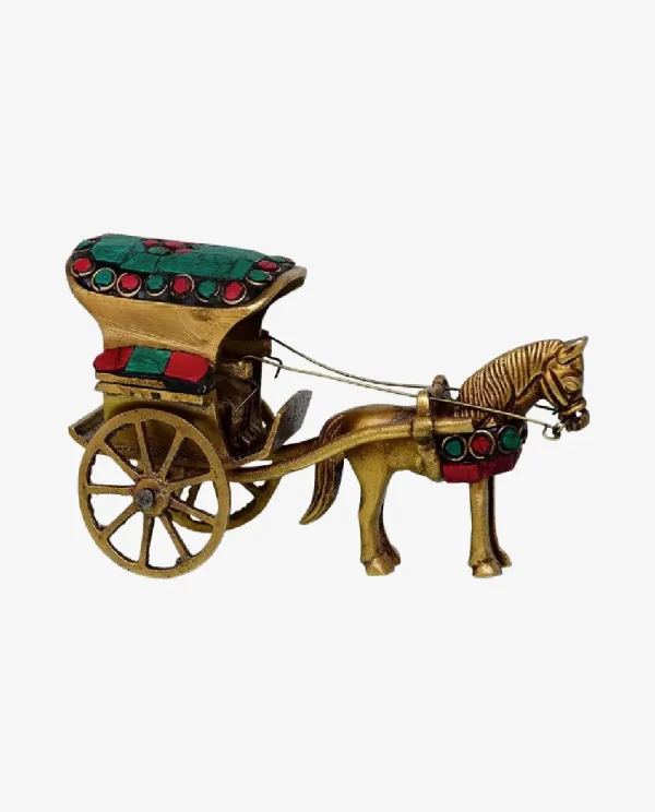 Golden Brass Horse Cart with Gemstones Showpiece