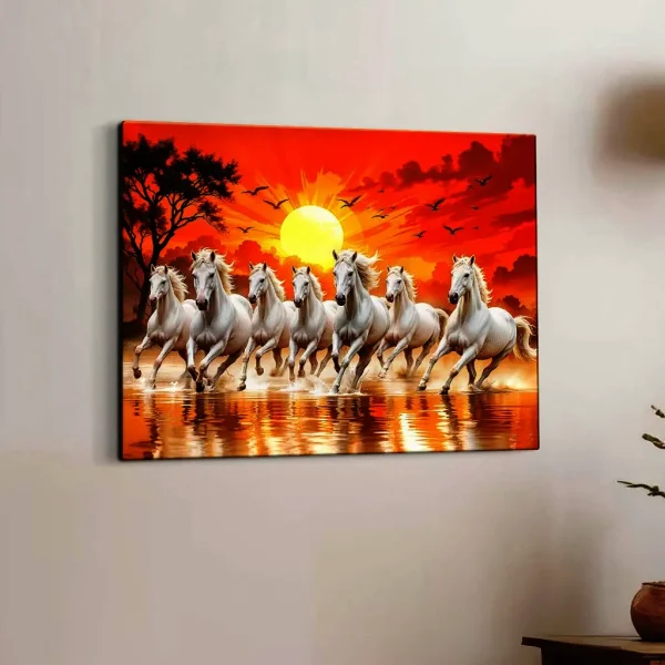 Usage: Running horses wall decor is perfect for home decor, wall decoration. 7 Horses Paintings for living room, stairs, bed room, dining room, office, hotel, office, bar, gym, for gifting etc. Great for hostels & study room, classrooms & corridors as well as shops & cafes.