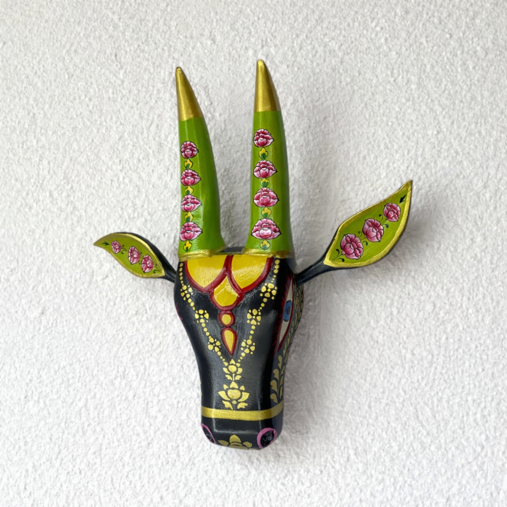 Colorful Wooden Cow Head Wall Hanging – 16 Inch | Hand-Painted Tribal Cow Face Decor with Detachable Ears | Decorative Wall Mask for Home