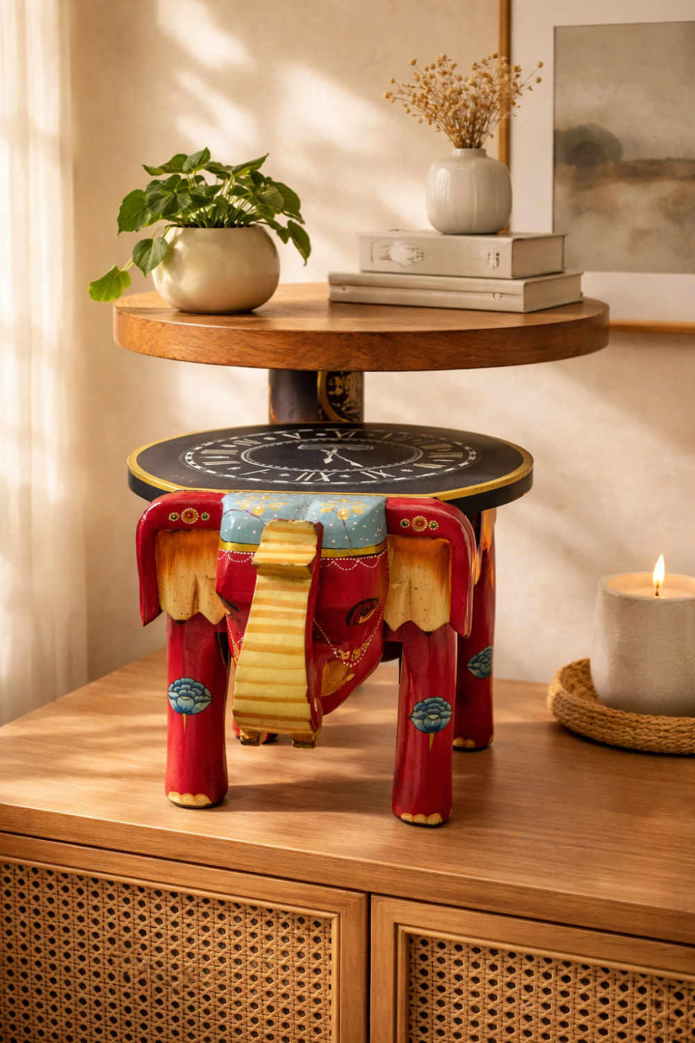 Hand Painted Elephant Stool 12 Inch
