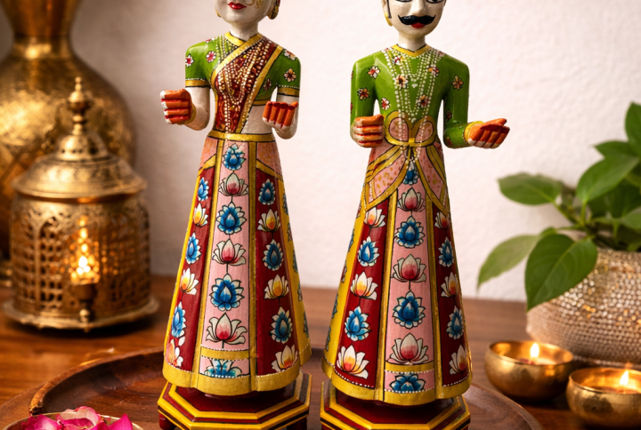 Hand Painted Rajasthani Wooden Couple Statue | Traditional Rajasthani Man & Woman Figurines | Indian Cultural Home Décor Showpiece (Set of 2)