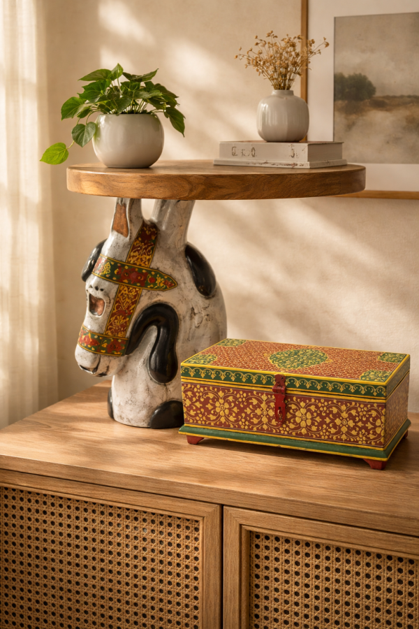Handcrafted Excellence: Made from premium quality wood and handcrafted by skilled artisans for a refined and durable finish. Traditional Hand-Painted Design: Features intricate hand-painted artwork with vibrant colors, giving each piece a unique and elegant look. Multipurpose Storage: Perfect for storing jewelry, keepsakes, accessories, documents, or small household essentials. Elegant Home Décor: Enhances the aesthetic appeal of living rooms, bedrooms, offices, or dressing areas. Ideal for Gifting: A thoughtful gift choice for weddings, festivals, anniversaries, housewarmings, and special occasions. Artisan Craftsmanship: Showcases traditional craftsmanship, making it a timeless and collectible décor piece.