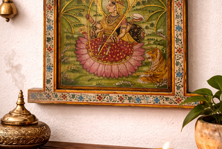 Traditional Hand-Painted Artwork: Beautifully crafted religious wall painting inspired by Indian traditional art, showcasing fine detailing and vibrant colors.
