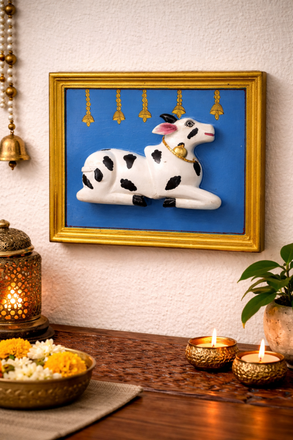 Traditional Kamdhenu Cow 3D Wall Art with Golden Frame