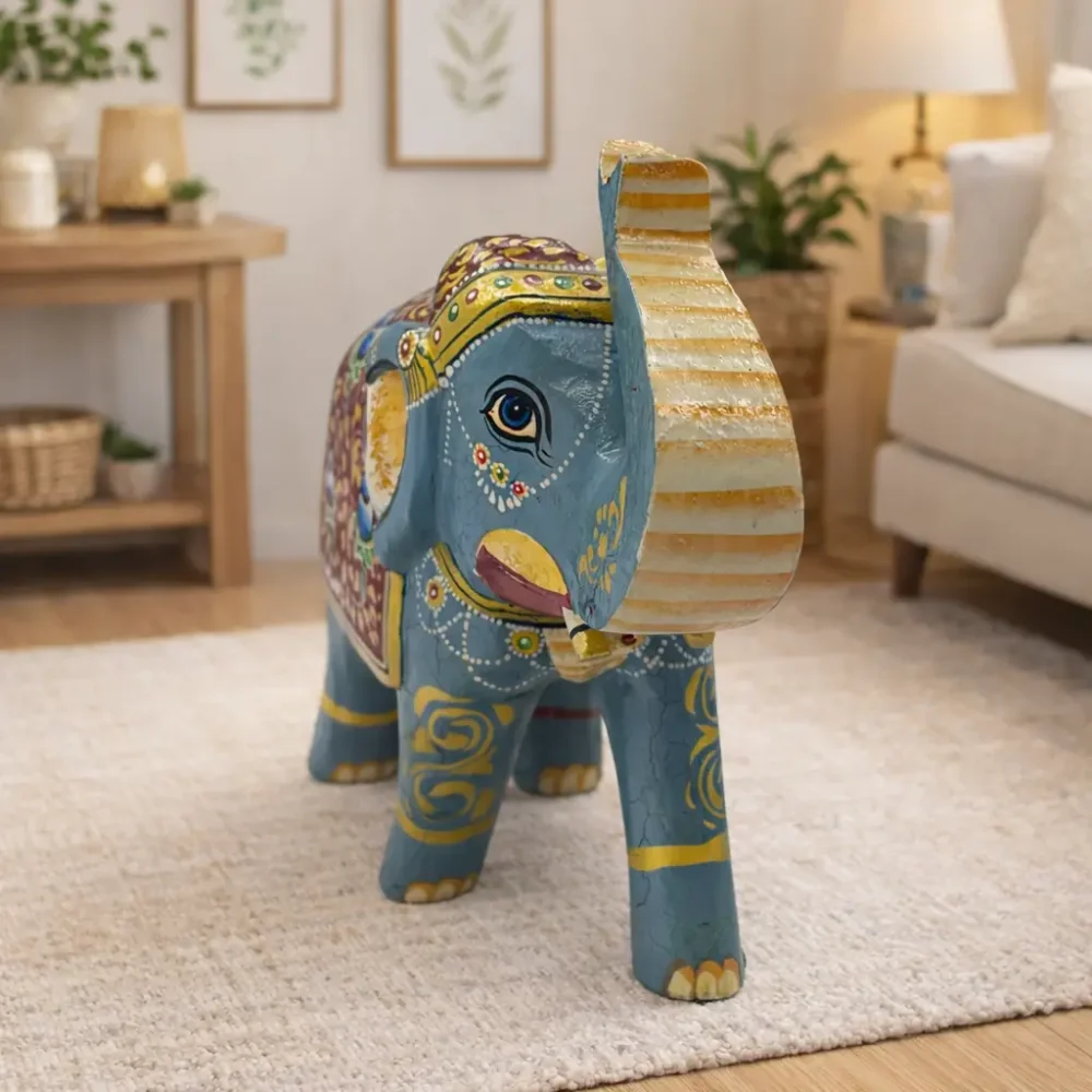 Rajasthani Art Wooden Elephant Showpiece for Home Décor – 6 Inch – Slate Blue | Handpainted Ethnic Decorative Figurine for Living Room, Office & Gifting | Traditional Ethnic Table Decor Elephant Statue