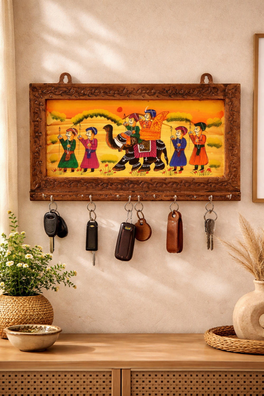 Wooden Rajasthani Art Work 6 Hook Hanging Key Holder